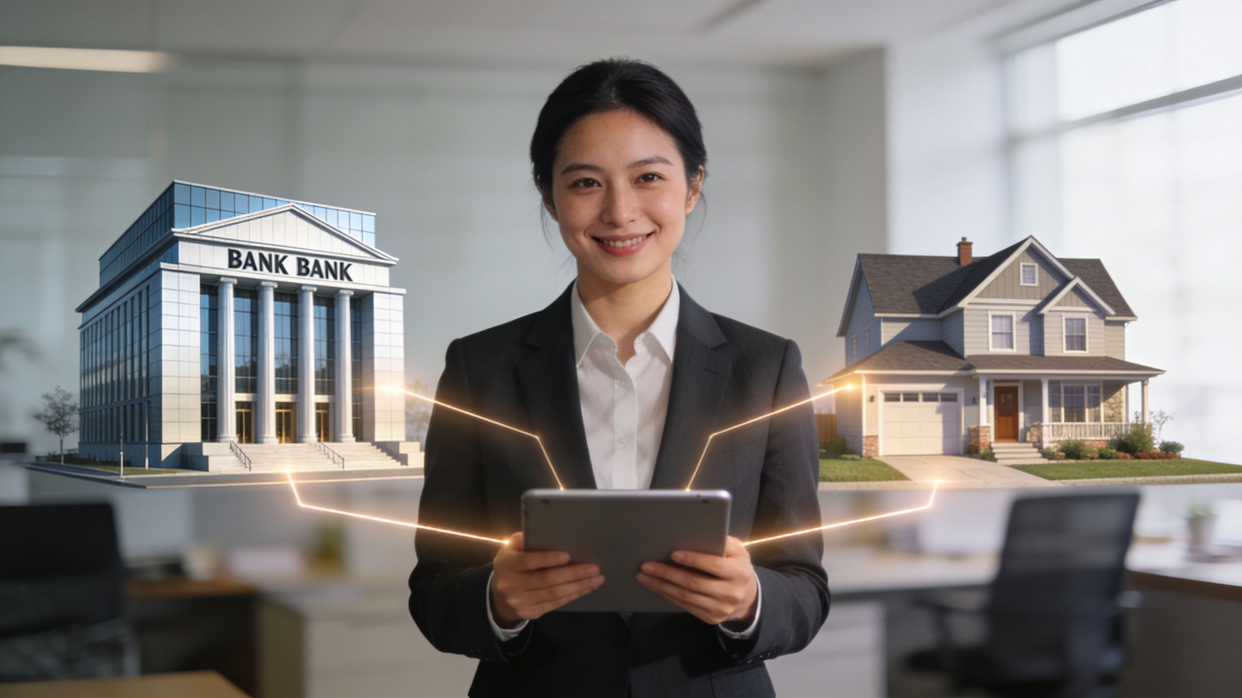 Wholesale Mortgage Lender showing bank and a house