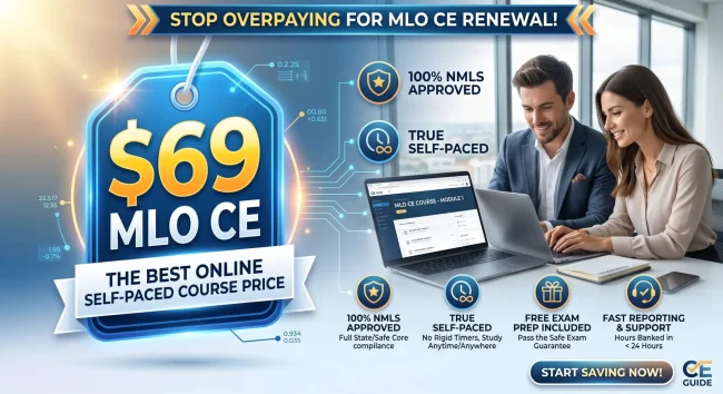 Graphic promoting a $69 online self-paced MLO CE course alongside a professional man and woman reviewing coursework on a laptop in a modern office.