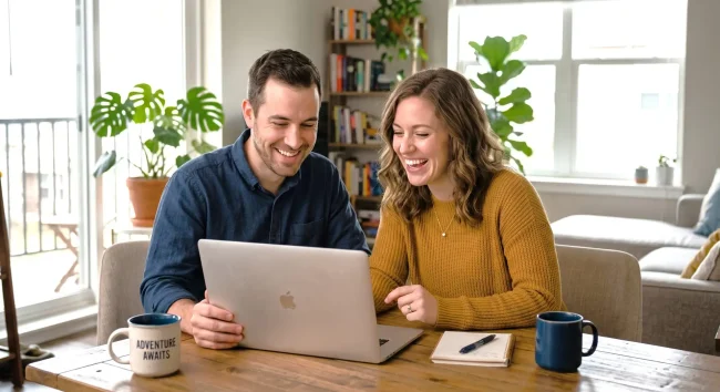 Couple in their 30s sitting at a wooden table studying a laptop together, smiling and laughing. A mug on the left has the words "ADVENTURE AWAITS". This photo represents students or aspiring mortgage professionals utilizing NMLS test prep materials like practice questions and study guides, preparing to pass the NMLS SAFE MLO exam and start a new career.