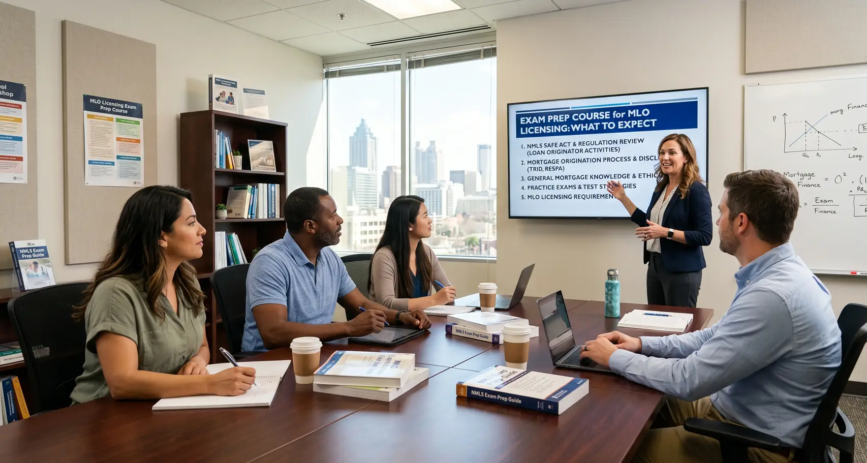 A diverse group of adults attends a professional "Exam Prep Course for MLO Licensing" in a modern conference room. An instructor points to a detailed presentation slide listing key SAFE Act regulations, mortgage processes, and licensing requirements while four students take notes and use laptops. A city skyline is visible through the window.