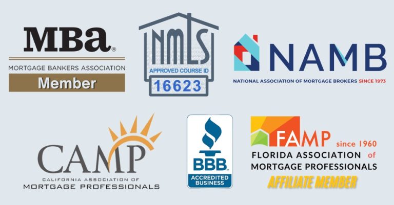 Accreditation and association logos for 24hourEDU, including Mortgage Bankers Association (MBA) Member, NMLS Approved Course Provider ID 16623, NAMB, CAMP, Better Business Bureau (BBB) Accredited Business, and FAMP Affiliate Member.
