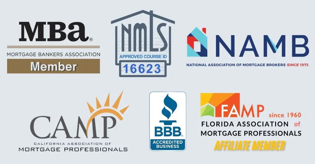 Accreditation and association logos for 24hourEDU, including Mortgage Bankers Association (MBA) Member, NMLS Approved Course Provider ID 16623, NAMB, CAMP, Better Business Bureau (BBB) Accredited Business, and FAMP Affiliate Member.