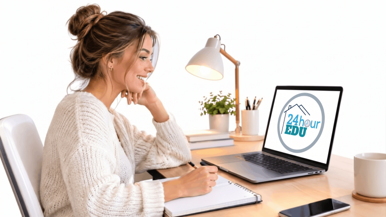 A woman sitting at a desk studying on a laptop displaying the 24hourEDU logo next to a notebook, lamp, and coffee mug