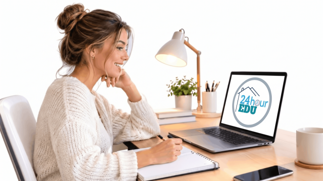 A woman sitting at a desk studying on a laptop displaying the 24hourEDU logo next to a notebook, lamp, and coffee mug